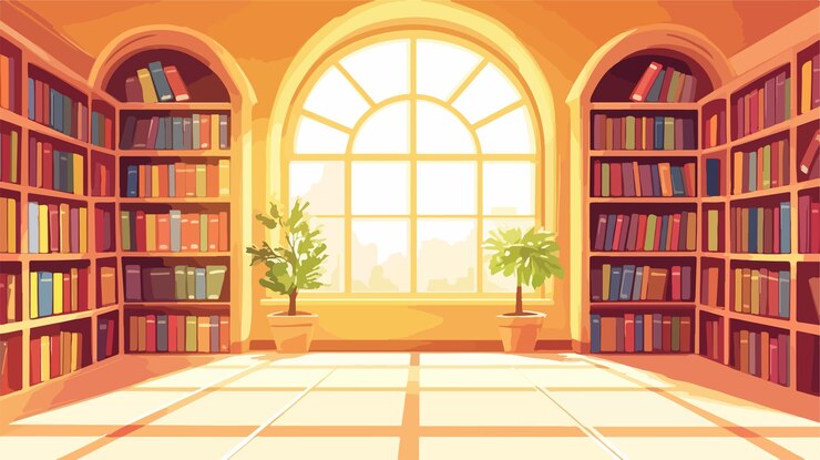Vector interior moderno de la biblioteca con libros en los estantes
