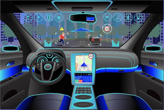 Interior moderno del coche, vista interior de la cabina. ilustración. Inteligencia artificial