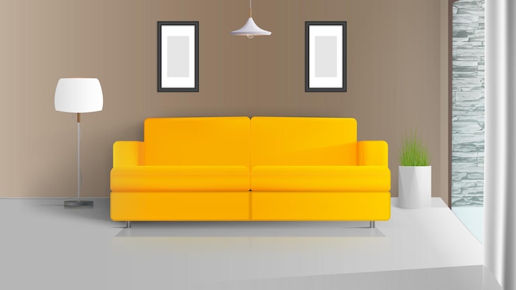 Vector interior moderno. habitación con paredes beige. sofá amarillo, lámpara de pie con pantalla blanca, maceta de hierba. ilustración