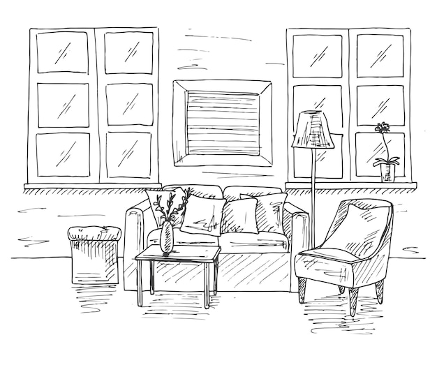 Vector interior moderno de la habitación sofá frente al sofá hay una mesa cerca hay un sillón y una lámpara de pie ilustración vectorial en un estilo de boceto