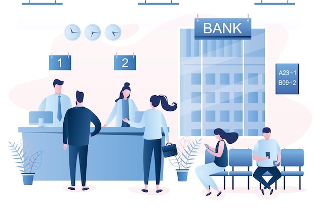 Interior moderno de la oficina del banco Gente de negocios esperando en la cola Gerentes del banco Clientes personajes