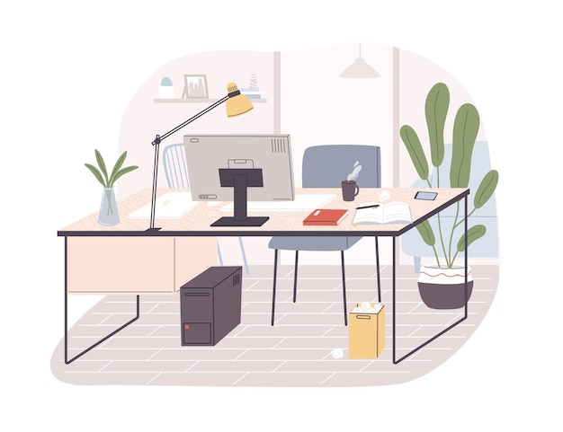 Interior moderno de la oficina en casa. Lugar de trabajo remoto con escritorio, silla, computadora y macetas. Vista frontal del lugar de trabajo vacío con muebles. Ilustración de vector plano aislado sobre fondo blanco.