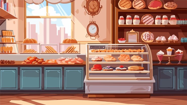 Vector interior moderno de una panadería con estilo de dibujos animados