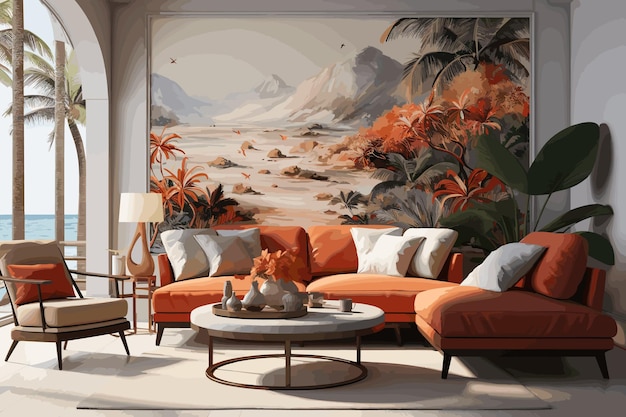 Vector interior moderno de la sala de estar con un cómodo sofá