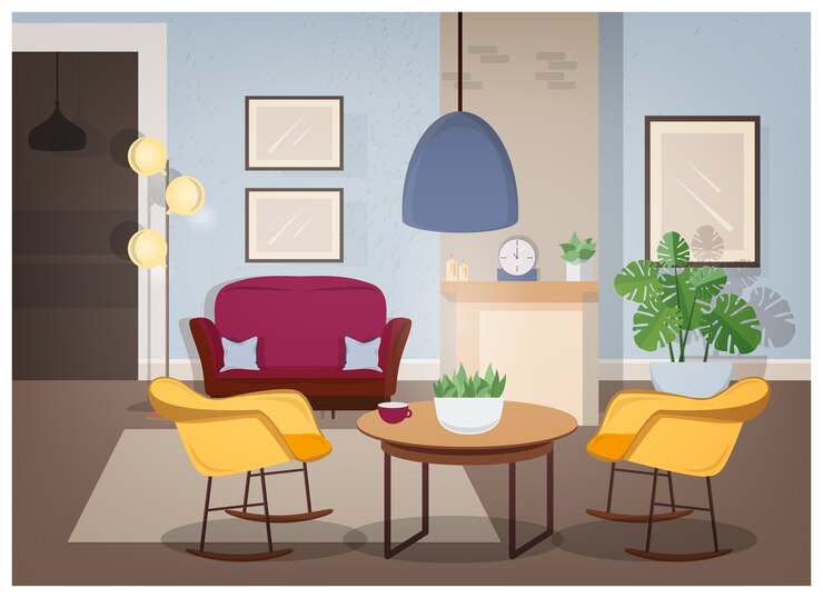 Vector interior moderno de sala de estar con muebles cómodos y modernas decoraciones para el hogar