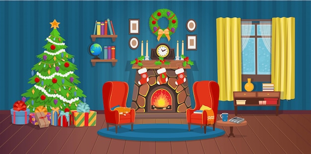 Interior de Navidad con chimenea, árbol de Navidad, ventana, estantería, escritorio y sillones.