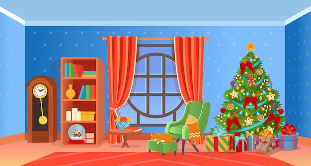 Interior de Navidad con chimenea, árbol de Navidad, ventana, sillones, estantería, escritorio, un