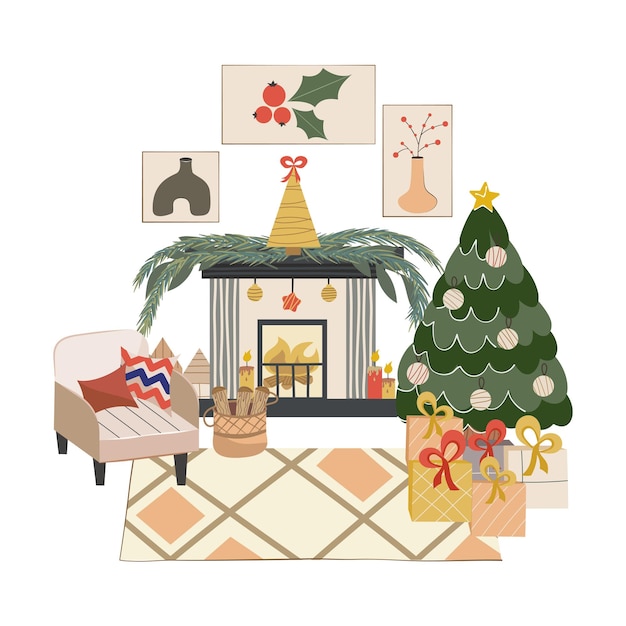 Interior de navidad escandinavo aislado con chimenea árbol de navidad