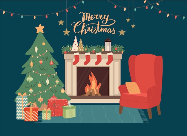Interior navideño con chimenea sillón rojo y decoración Decoración de vacaciones de invierno para sala de estar