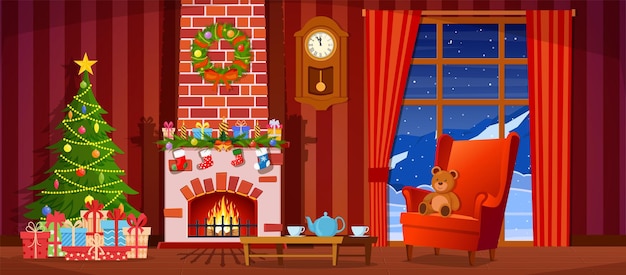 Interior navideño de la sala de estar con árbol de Navidad, regalos y chimenea. Ilustración vectorial