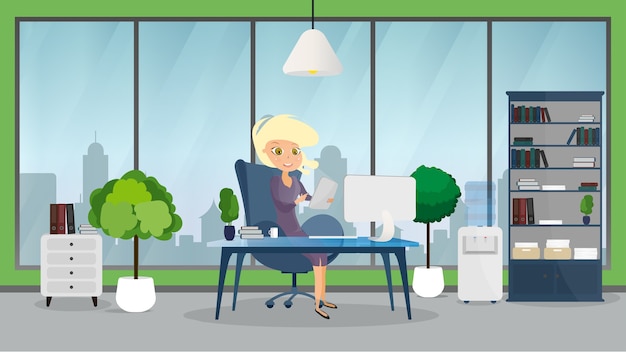 Interior de negocios de oficina con una chica. Fondo con mesa y computadora.