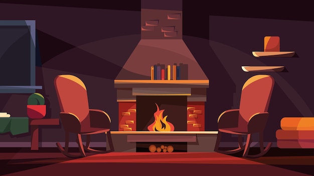 Interior de noche con chimenea. Acogedora ubicación en estilo de dibujos animados.