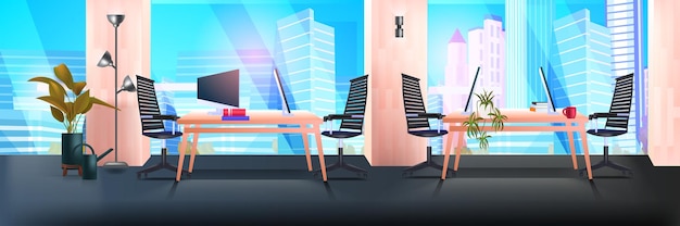 El interior de la oficina del área de coworking moderno no está vacío, no hay personas, espacio abierto, sala de gabinetes