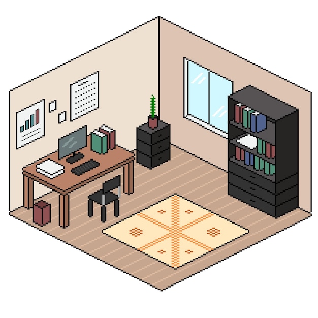 Interior de oficina de arte de píxeles con muebles Vector de vista isométrica