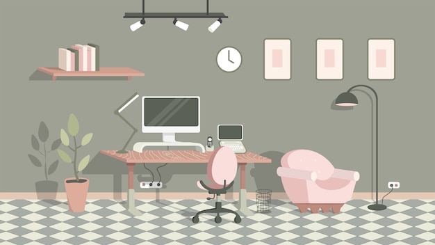 Interior de la oficina en casa sin personas. Lugar de trabajo moderno Gabinete con mesa, lámparas, computadora portátil, silla. Trabajo a distancia, independiente. Ilustración plana