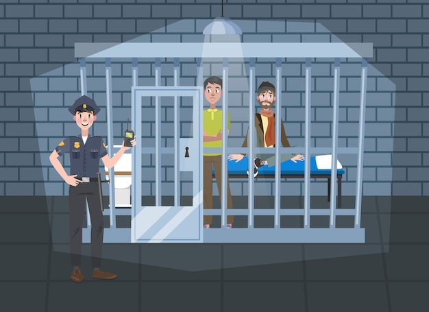 Interior de la oficina de la estación de policía. Oficial de policía en uniforme