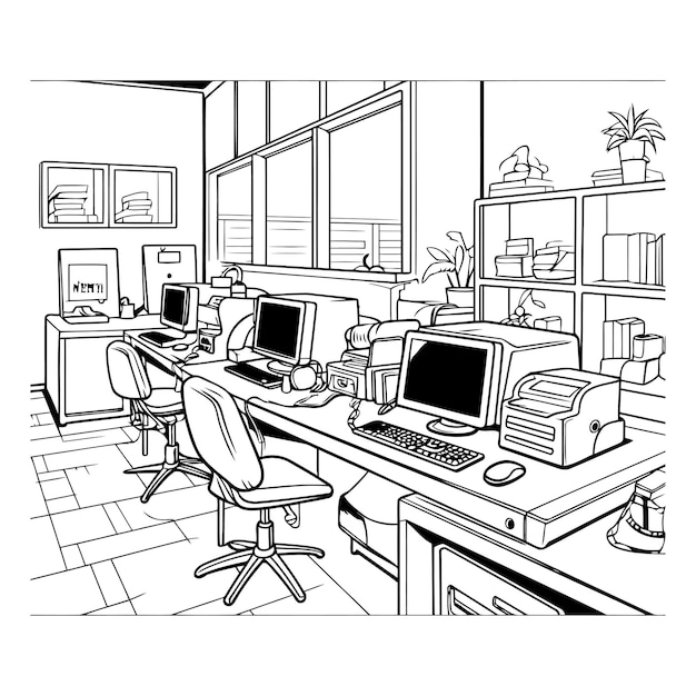 Vector interior de oficina gráfico boceto en blanco y negro ilustración vectorial de línea dibujada a mano diseño artístico