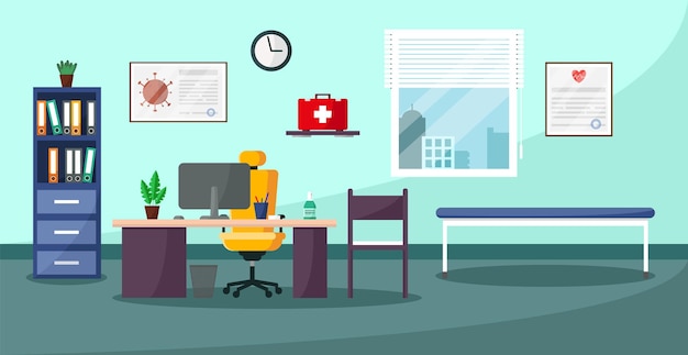 Interior de la oficina del médico Concepto de medicina y atención médica Ilustración vectorial al estilo de dibujos animados