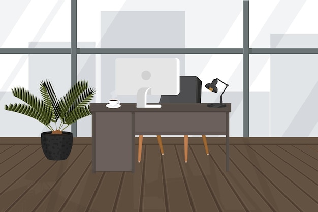 Vector interior de la oficina con una mesa, un sillón, un monitor y una palmera con vidrio y un video de la ciudad.