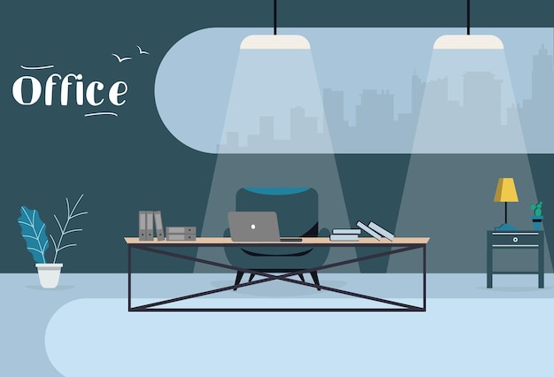 Interior de la oficina moderna. Vector ilustración oscura en estilo plano