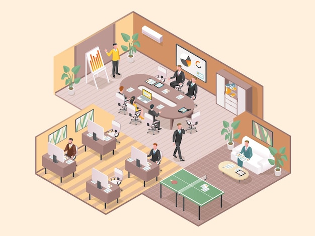 Interior de la oficina Sala de reuniones con tablero redondo Asociación de cooperación empresarial Trabajo en equipo Colegas trabajan juntos Zona de salón y espacio de trabajo con computadora Ilustración vectorial isométrica