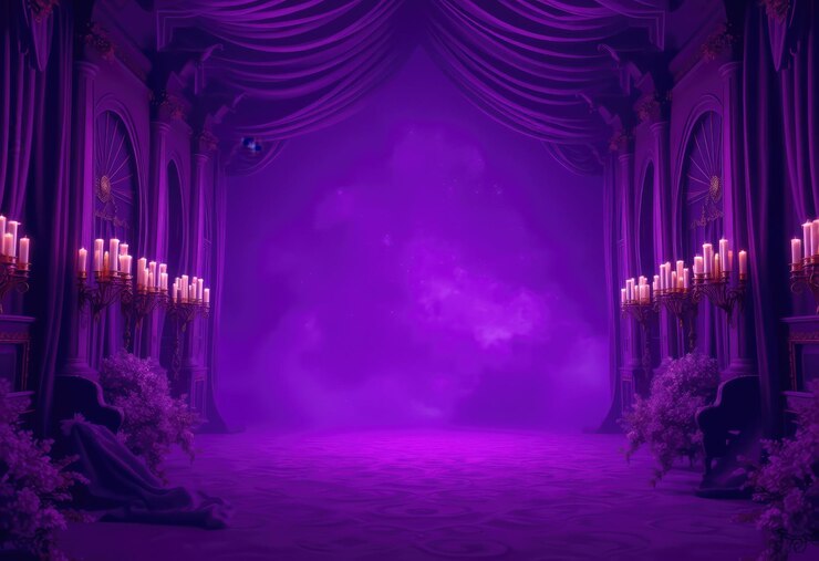 Vector interior ornamentado en púrpura con escenario e iluminación dramática