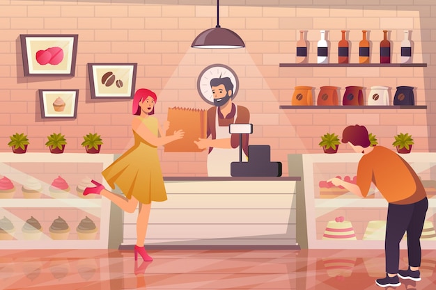 Interior de panadería con concepto de compradores en diseño de dibujos animados planos, los clientes eligen postres