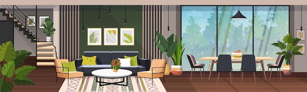 Interior panorámico de la casa con sala de estar y comedor El interior de un apartamento moderno