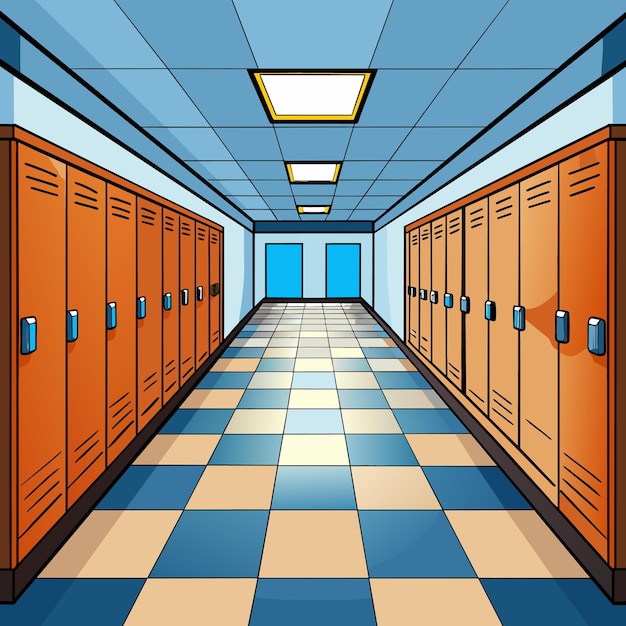 Vector interior del pasillo de la escuela con puertas y armarios ilustración vectorial