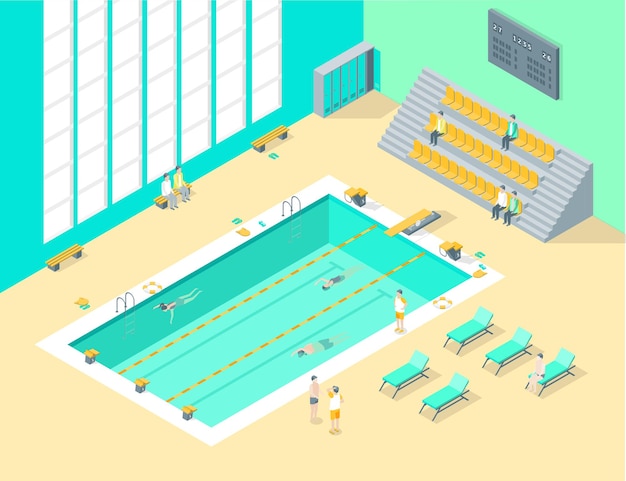 Interior de la piscina interior con Vector de vista isométrica de personas