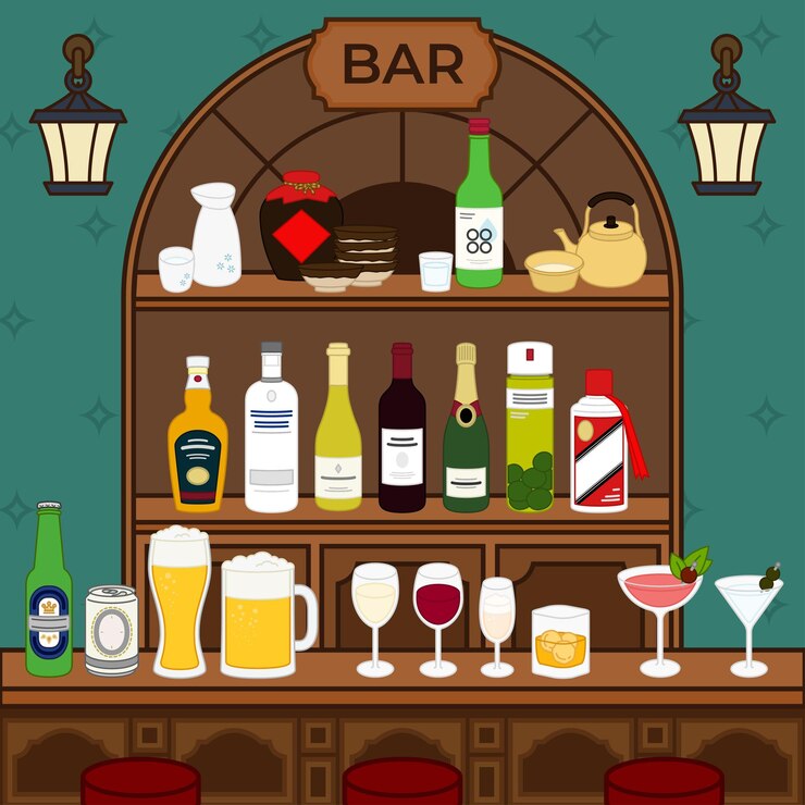 Interior de pub y barra de bar con botellas de alcohol, tazas y vasos en estantes