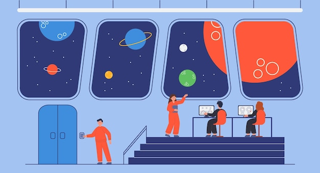 Interior del puente de nave espacial con capitán y miembros de la tripulación. Personas dentro de la sala de control de la estación espacial o en la cubierta de la ilustración vectorial plana del barco. Espacio, concepto científico para banner o página web de inicio