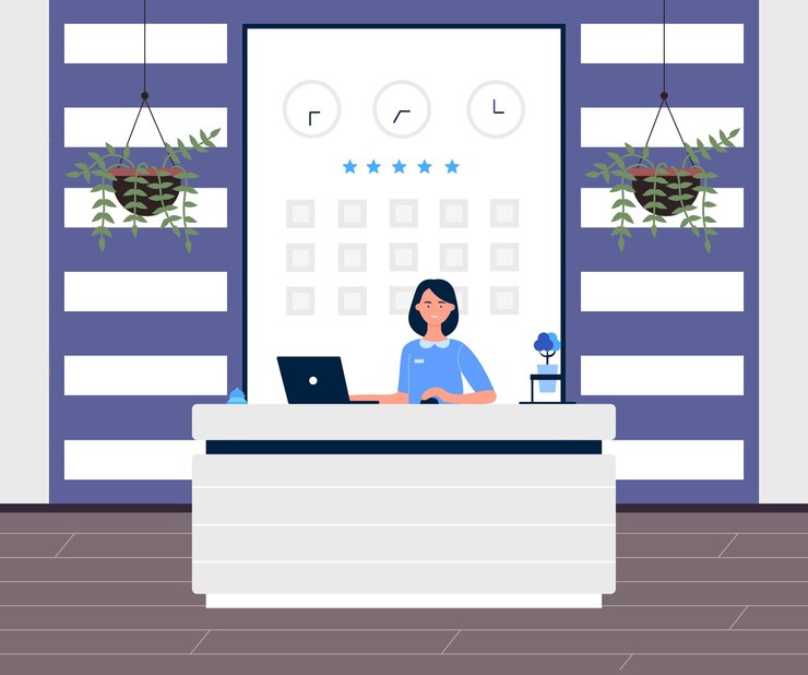 Vector interior de la recepción del hotel con recepcionista femenina esperando para ayudar a los visitantes con la reserva
