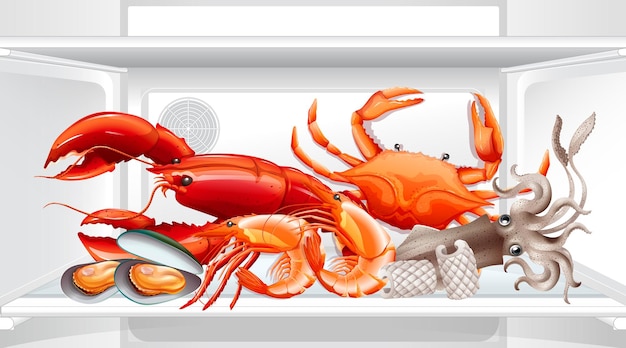 Vector un interior del refrigerador con comida de mar