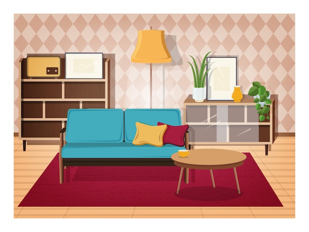 Interior retro de la sala de estar llena de muebles antiguos y decoraciones para el hogar: cómodo sofá, mesa de café, plantas de la casa, armario, lámpara de pie, receptor de radio. ilustración de estilo plano.