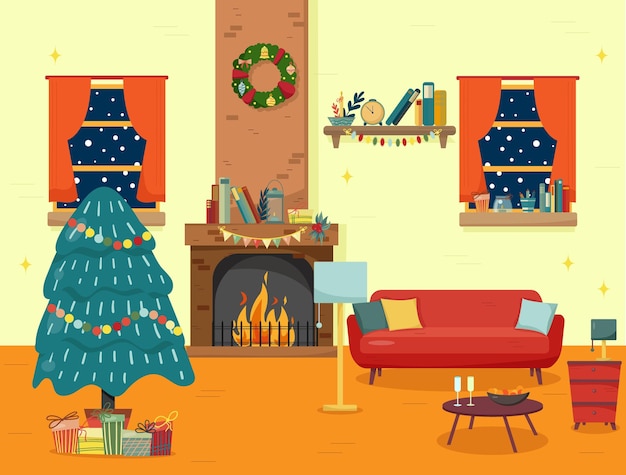 Interior de la sala de la chimenea de navidad en estilo plano de dibujos animados coloridos