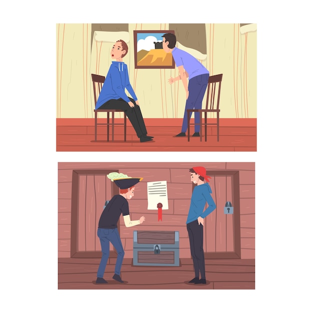 Interior de la sala de escape con personas personaje descubriendo pistas y resolviendo rompecabezas conjunto vectorial