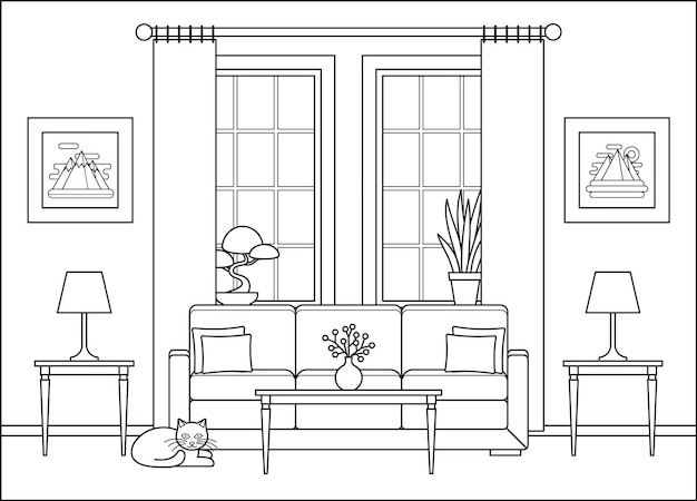 Interior de la sala de estar Boceto de línea Esquema Diseño plano de la casa con muebles Fondo de salón lineal