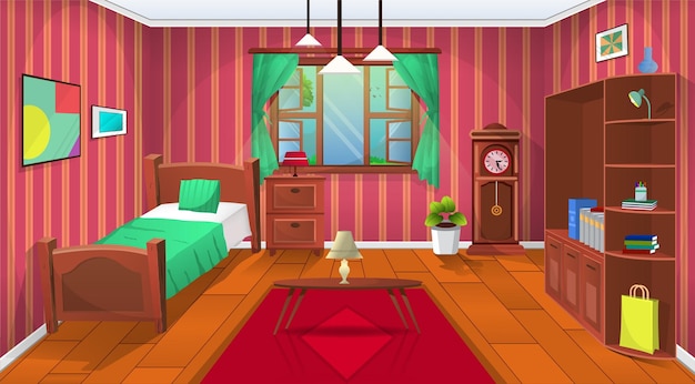 Interior de la sala de estar. cómodo sofá, tv, ventana, silla y plantas de interior, ilustración vectorial plana