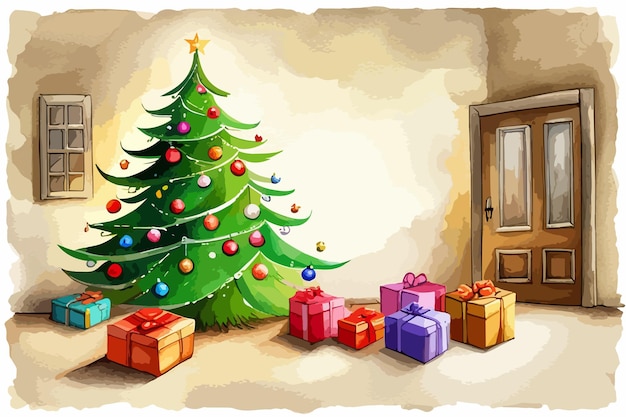 Interior de la sala de estar decorado para Navidad, árbol de Navidad con regalos dentro de la casa