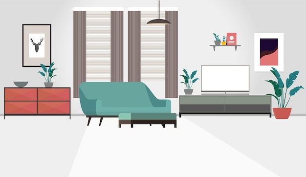 Interior de la sala de estar con diseño de vector plano de muebles