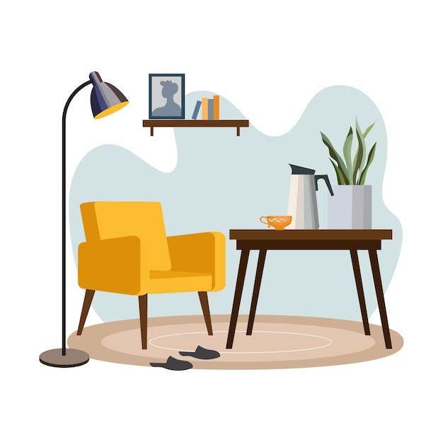 Interior de la sala de estar en estilo moderno Sillón y mesa Una taza de café está sobre la mesa Ilustración de vector plano