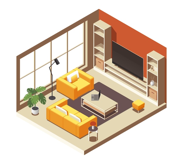 Vector interior de sala de estar isométrica apartamento de dibujos animados con muebles habitación doméstica moderna con sofá y sillón diseño interior del hogar ilustración vectorial