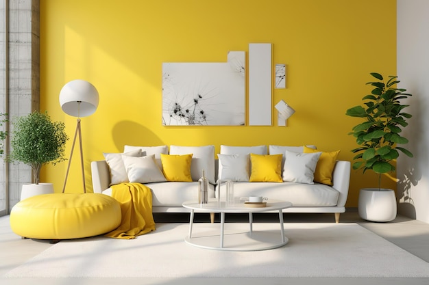 Vector interior de sala de estar minimalista naranja con sofá en una decoración de piso de madera en una gran pared blanca