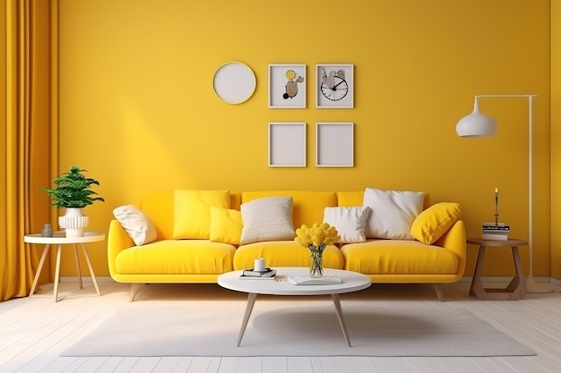 Vector interior de sala de estar minimalista naranja con sofá en una decoración de piso de madera en una gran pared blanca