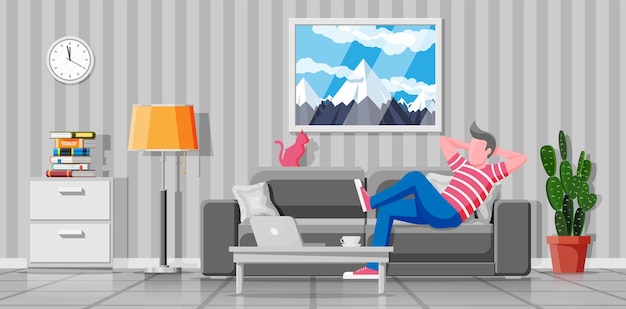 Interior de sala de estar moderna. freelancer en sofá trabajando en casa con ordenador portátil. hombre escalofriante en el sofá. carácter inconformista en jeans y camiseta. ilustración vectorial plana