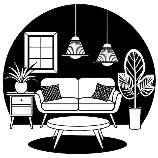 interior de la sala de estar con muebles de sofá e ilustración de plantas diseño gráfico