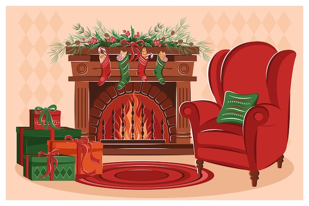 Vector interior de la sala de estar de navidad con cajas de sillón de chimenea con regalos, adornos navideños