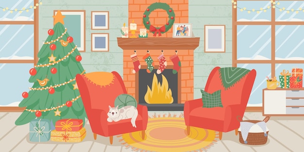 Interior de la sala de estar de navidad. decoración del hogar de año nuevo, cajas de regalo de árbol de navidad, perro y chimenea con calcetines. escena de vector de invierno acogedor. navidad y año nuevo chimenea, ilustración interior de vacaciones