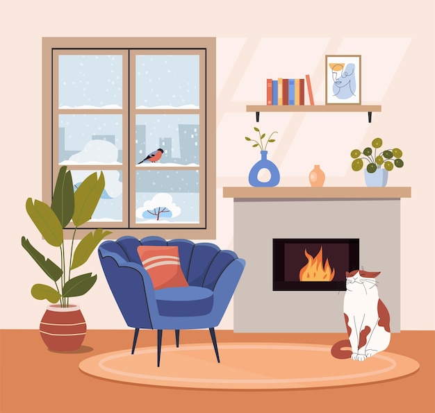 Vector interior de la sala de estar silla cómoda chimenea de ventana ilustración de dibujos animados plana vectorial